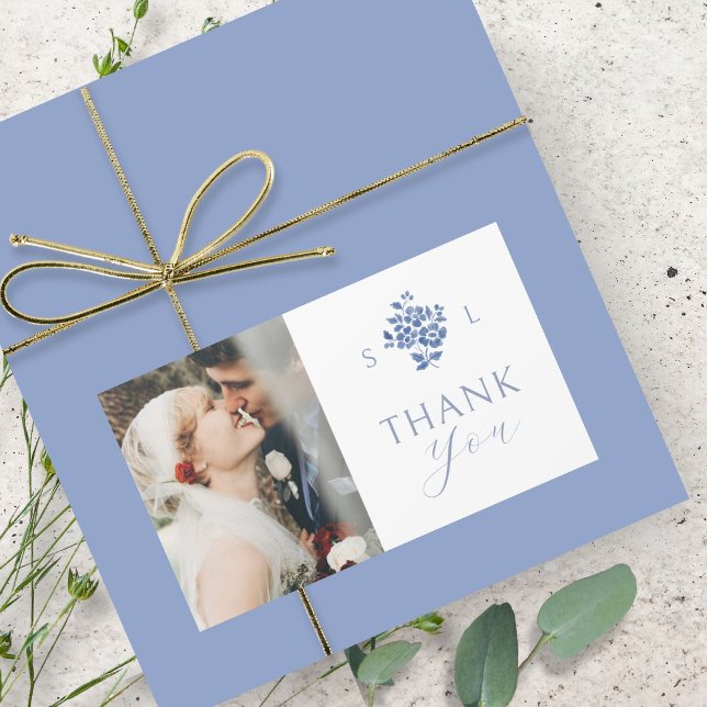 Pegatina Rectangular Blanca | Boda Floral Azul Monograma Gracias (Subido por el creador)