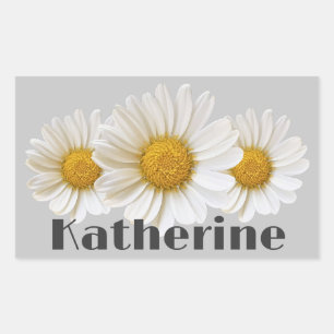 Pegatina Rectangular Blanco Daisies Nombre personalizado Gris