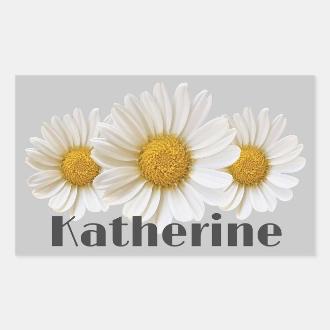 Pegatina Rectangular Blanco Daisies Nombre personalizado Gris (Anverso)
