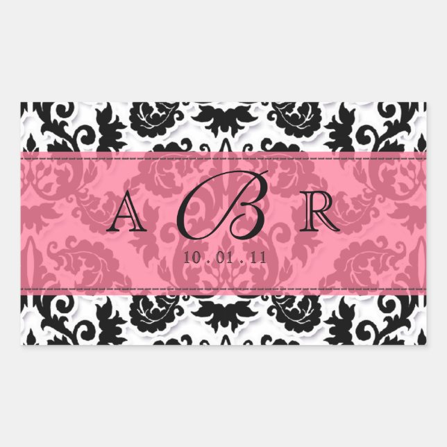 Pegatina Rectangular Blanco negro y rojo caliente Fleur de Lis Damask S (Anverso)