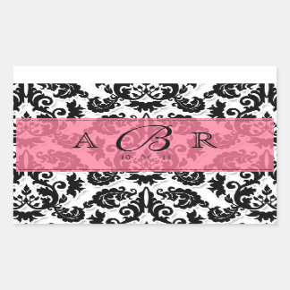 Pegatina Rectangular Blanco negro y rojo caliente Fleur de Lis Damask S
