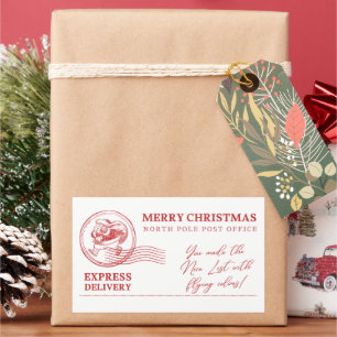 Pegatina Rectangular Blanco y Rojo Vintage Santa Claus Feliz Navidad 