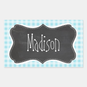 Pegatina Rectangular Blizzard Blue Gingham; aspecto de Vintage Chalkboa
