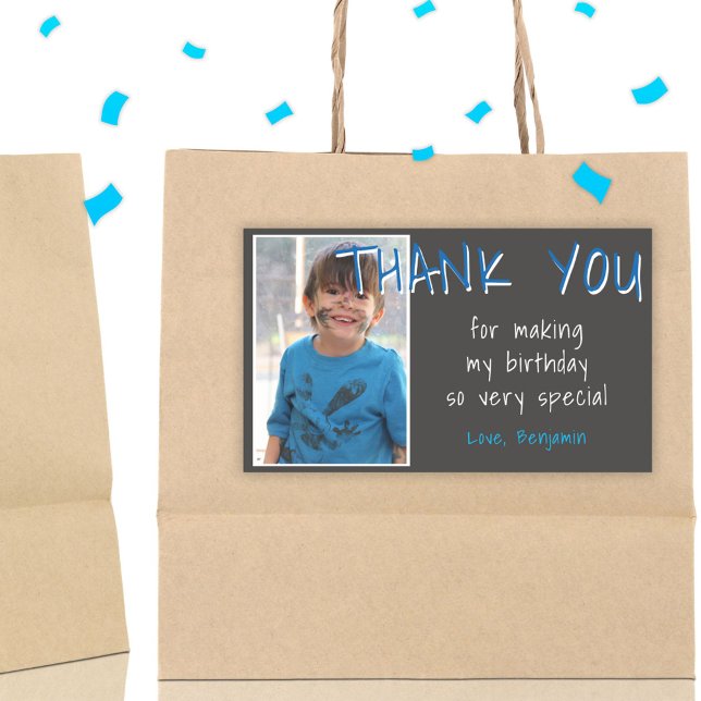 Pegatina Rectangular Blue Gray Birthday Boy Foto Gracias Favor (Subido por el creador)
