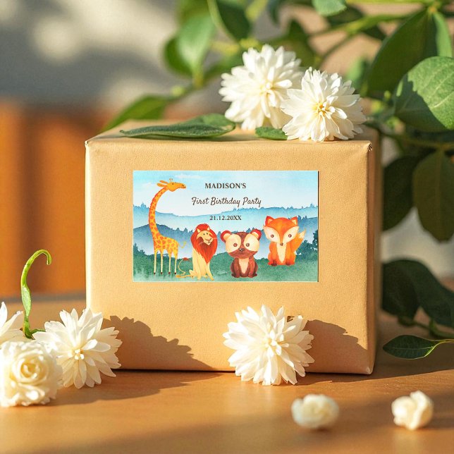 Pegatina Rectangular Blue Green Birthday Woodland Animals (Subido por el creador)