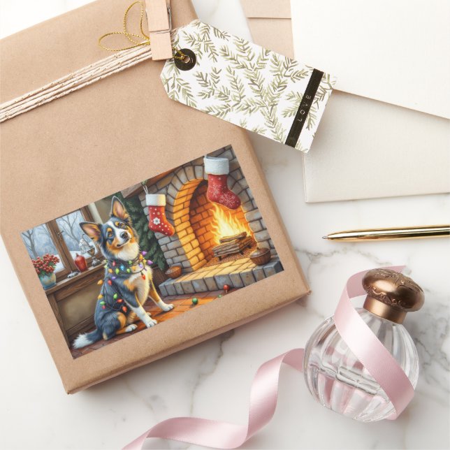 Pegatina Rectangular Blue Heeler Fireplace with Christmas Lights (Regalar)