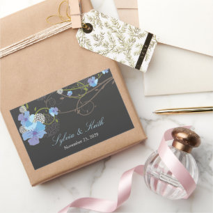 Pegatina Rectangular Blue Hibiscus Swirls y Swallow Floral Boda