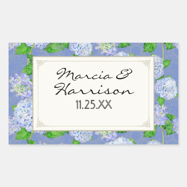 Pegatina Rectangular Blue Hydrangea Lace Floral Elegante Bodas Formales (Anverso)