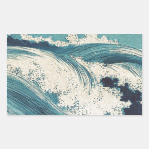 Pegatina Rectangular Blue Ocean Waves Woodcut Japonés