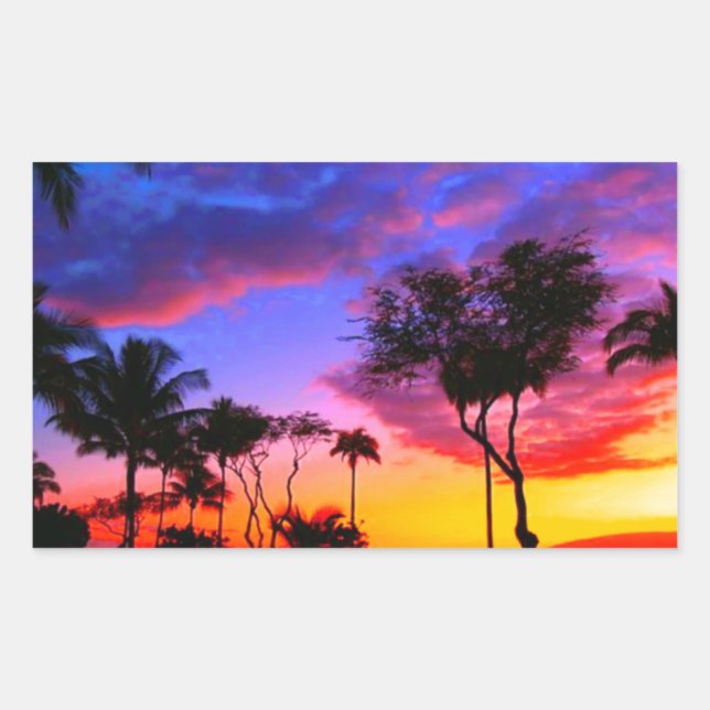 Pegatina Rectangular Blue Red Sunset Exotic Hawaiian Beach Palm Trees (Anverso)