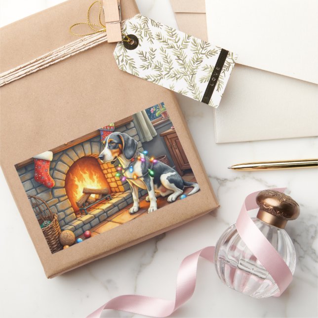 Pegatina Rectangular Bluetick Coonhound Fireplace with Christmas Lights (Regalar)