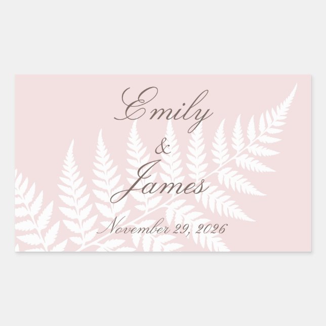 Pegatina Rectangular Blush Rosa Blanco Helecho Elegante Boda Personaliz (Anverso)