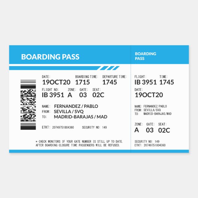 Pegatina Rectangular Boarding Pass (blue) (Anverso)