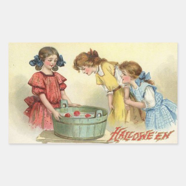 Pegatina Rectangular Bobbing de Chicas de Halloween para manzanas vinta (Anverso)