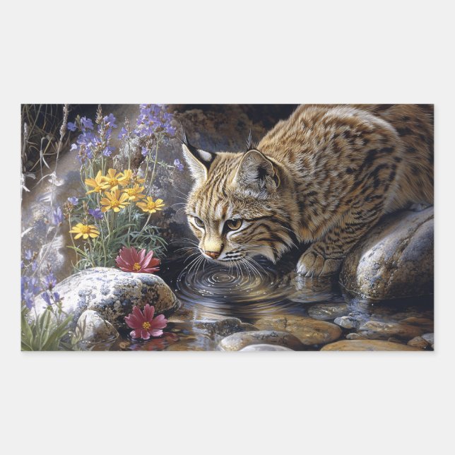 Pegatina Rectangular Bobcat con flores silvestres Arte escénico (Anverso)