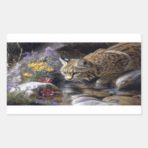Pegatina Rectangular Bobcat con flores silvestres Arte escénico