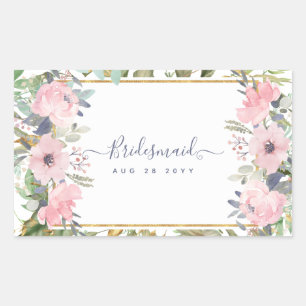 Pegatina Rectangular Boda Boho de Floral Verde Rosa Rubor