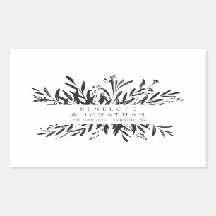 Pegatina Rectangular Boda Botánica Personalizada Minimalista en Blanco 