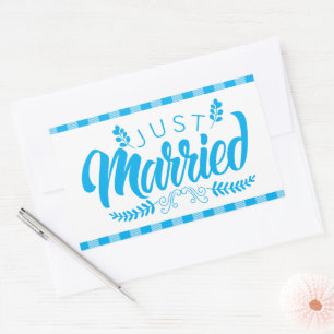 Pegatina Rectangular Boda Casada Recién Plaid Azul de Cuadros Gingham