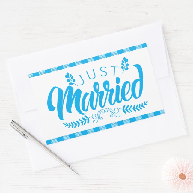Pegatina Rectangular Boda Casada Recién Plaid Azul de Cuadros Gingham (Sobre)