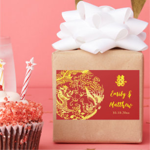 Pegatina Rectangular Boda con logo de Dragón y Fénix chino en oro rojo
