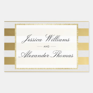 Pegatina Rectangular Boda con rayas doradas y blancas con estilo
