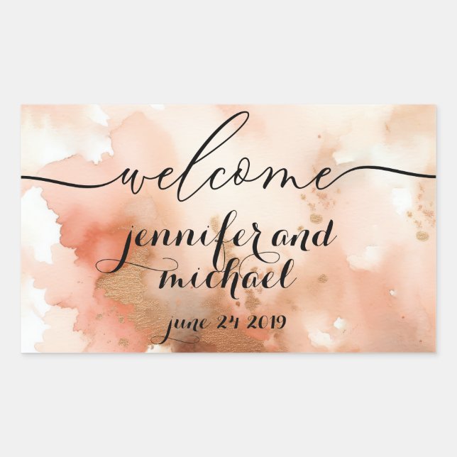 Pegatina Rectangular Boda de acuarela RoseGold de bienvenida (Anverso)