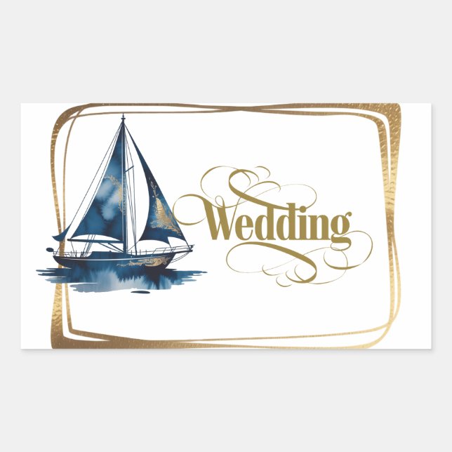 Pegatina Rectangular Boda de barco náutico de oro y azul marino Marco d (Anverso)