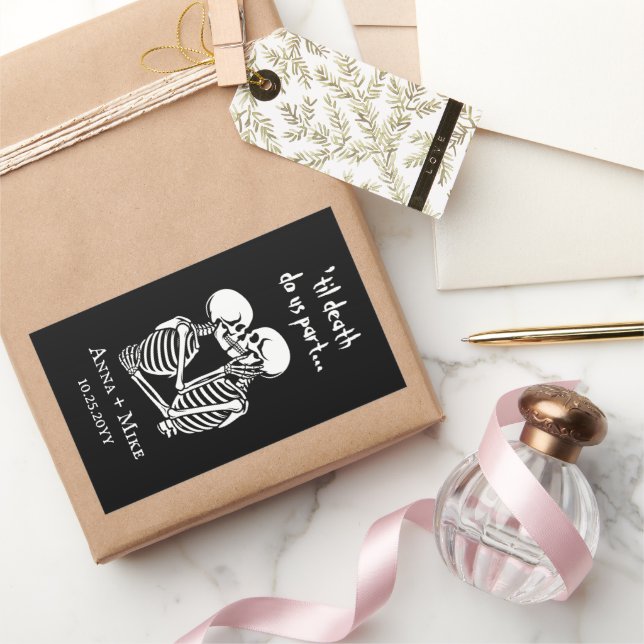Pegatina Rectangular Boda de Esqueleto de Halloween Personalizada (Regalar)