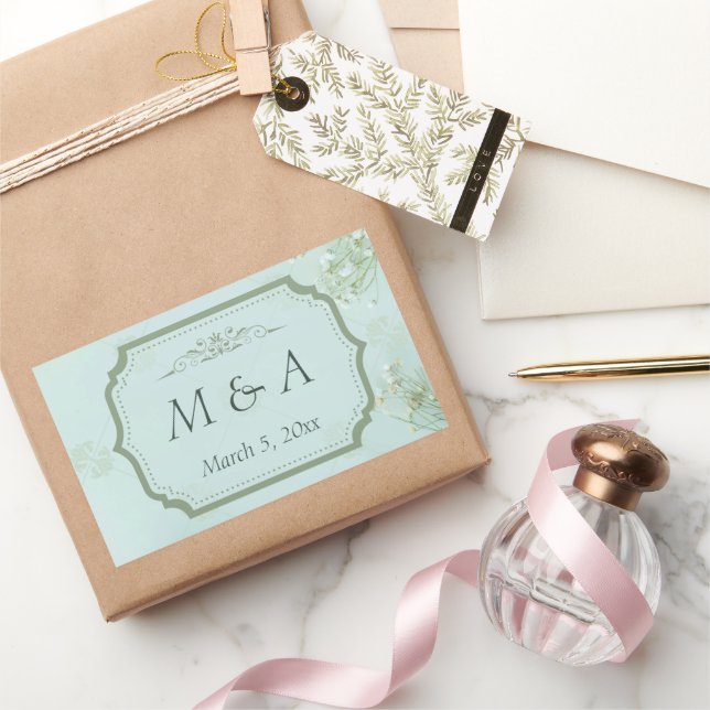 Pegatina Rectangular Boda de Flores Blancas Verde azuladas Pastel (Regalar)