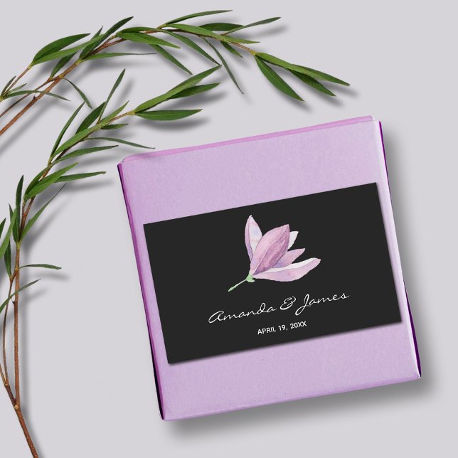 Pegatina Rectangular Boda de flores de acuarela de Magnolia (Magnolia Floral Wedding Favor Black Rectangle Stickers)