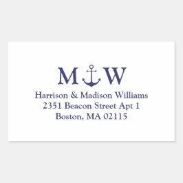 Pegatina Rectangular Boda de monograma azul marino de anclaje náutico