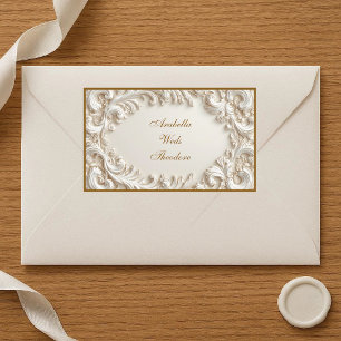 Pegatina Rectangular Boda de pergamino barroco ornamentado de marfil bl