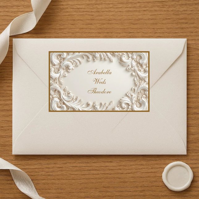 Pegatina Rectangular Boda de pergamino barroco ornamentado de marfil bl (Vintage Ivory White Ornate Baroque Scroll Wedding Rectangular Sticker)