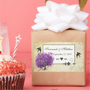 Pegatina Rectangular Boda del árbol de hoja de corazón púrpura radiante