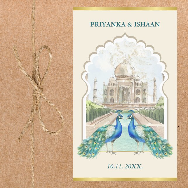 Pegatina Rectangular Boda estético del Taj Mahal de Oro Peacock Indio (Taj Mahal Peacock Gold Indian Wedding Custom Sticker Hindu Punjabi Mughal Palace)
