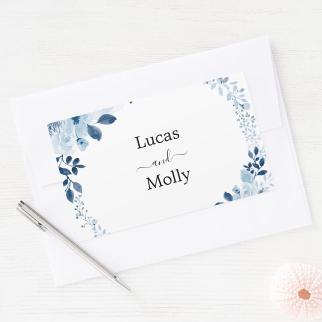 Pegatina Rectangular Boda floral francesa azul moderna (Sobre)