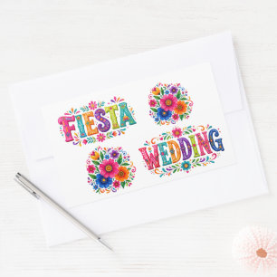 Pegatina Rectangular Boda Floral Mexicana Colorida