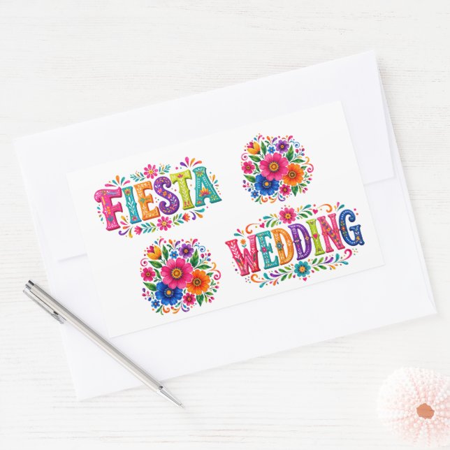 Pegatina Rectangular Boda Floral Mexicana Colorida (Sobre)