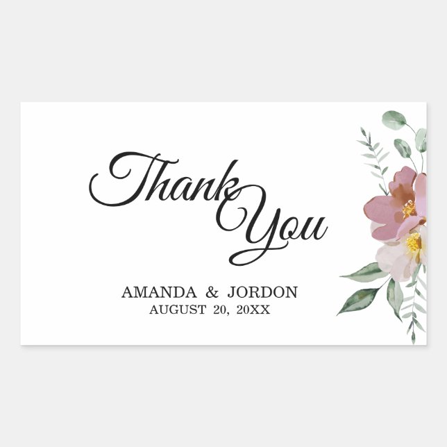 Pegatina Rectangular Boda floral rosa y malva (Anverso)