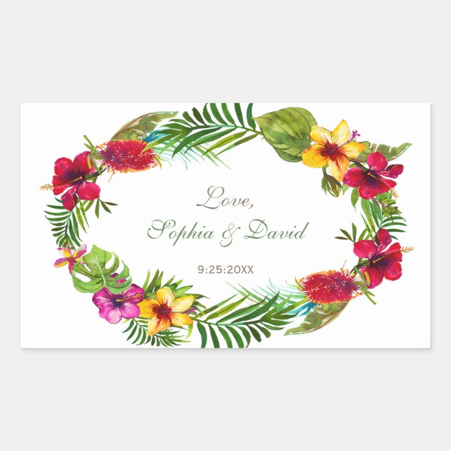 Pegatina Rectangular Boda hawaiano radiante tropical de flores (Anverso)