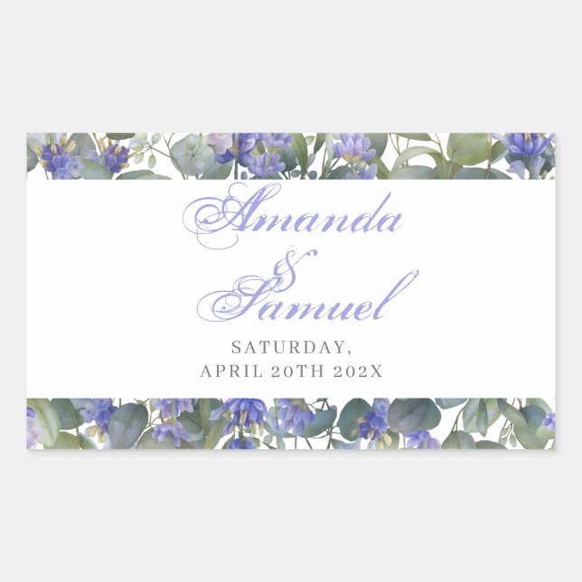 Pegatina Rectangular Boda Romántica de Eucalipto y Lavanda (Anverso)