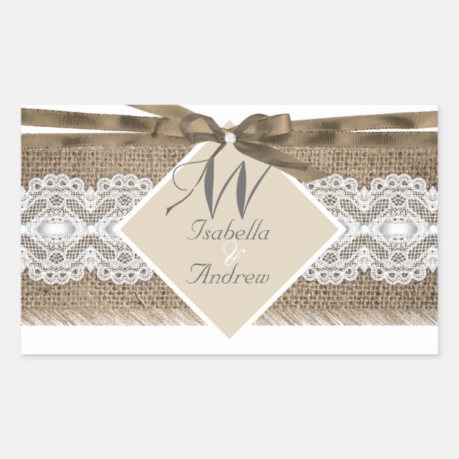 Pegatina Rectangular Boda Rústico Beige White Lace Burlap 2a (Anverso)