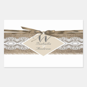 Pegatina Rectangular Boda Rústico Beige White Lace Burlap 2a