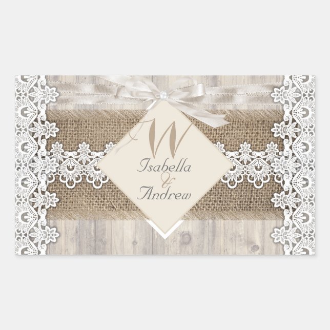 Pegatina Rectangular Boda Rústico Beige White Lace Wood Burlap AB (Anverso)