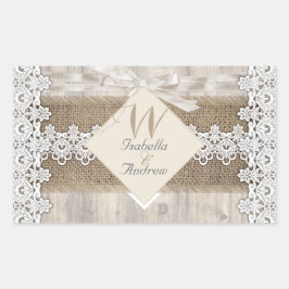 Pegatina Rectangular Boda Rústico Beige White Lace Wood Burlap AB