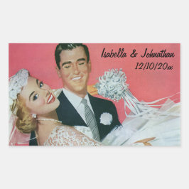 Pegatina Rectangular Boda Vintage recién casada, Groom llevando novia