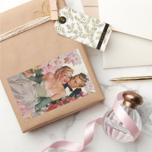 Pegatina Rectangular Boda Vintage, recién casados novios retro