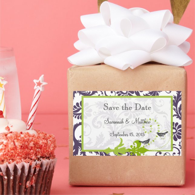 Pegatina Rectangular Bodas Lapis Purple Apple Green Damask Bird (Fiesta)