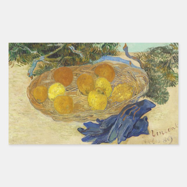 Pegatina Rectangular Bodegón de naranjas limones guantes azules de Van  (Anverso)